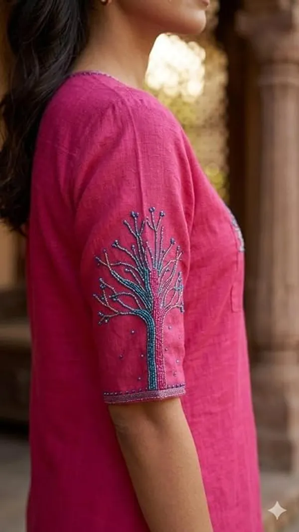 Women_S_Cotton_Straight_Kurta_With_Palazzos_Set_Featuring_Tree_Embroidery_Three_Quarter_Sleeves_Round_Nack_Kurta_Set_For_Women