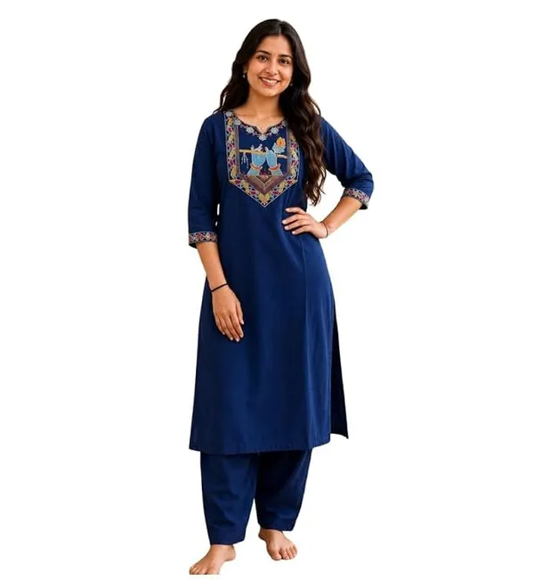 Women_S_Cotton_Straight_Kurta_With_Salwar_Set_Ethnic_Krishna_Motif_Yoke_Embroidery_Square_Neck_Three_Quarter_Sleeves_Stylish_Kurta_Salwar_Set_For_Women