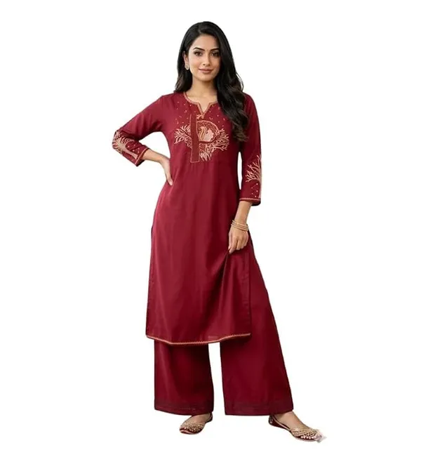 Women_S_Cotton_Straight_Kurta_With_Palazzos_Set_Featuring_Tree_Embroidery_Three_Quarter_Sleeves_Round_Nack_Kurta_Set_For_Women