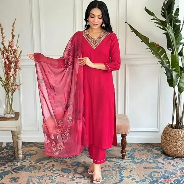 Women_S_Rayon_Slub_Kurta_Pant_Dupatta_Set_3_Piece_Ethnic_Suit_With_Chanderi_Digital_Print_Dupatta_V_Neck_3_4_Sleeve_Kurta_Set_For_Women