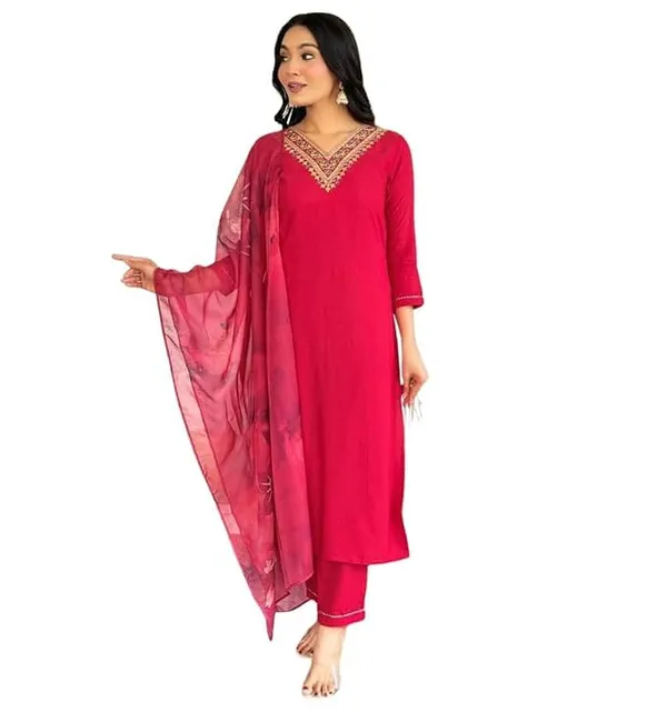 Women_S_Rayon_Slub_Kurta_Pant_Dupatta_Set_3_Piece_Ethnic_Suit_With_Chanderi_Digital_Print_Dupatta_V_Neck_3_4_Sleeve_Kurta_Set_For_Women