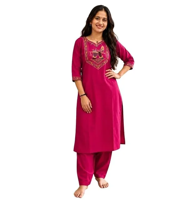 Women_S_Cotton_Straight_Kurta_With_Salwar_Set_Ethnic_Krishna_Motif_Yoke_Embroidery_Square_Neck_Three_Quarter_Sleeves_Stylish_Kurta_Salwar_Set_For_Women