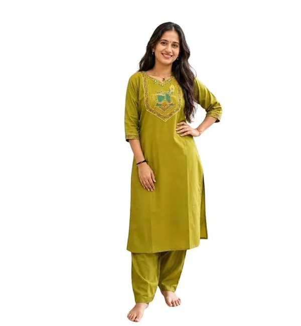 Women_S_Cotton_Straight_Kurta_With_Salwar_Set_Ethnic_Krishna_Motif_Yoke_Embroidery_Square_Neck_Three_Quarter_Sleeves_Stylish_Kurta_Salwar_Set_For_Women