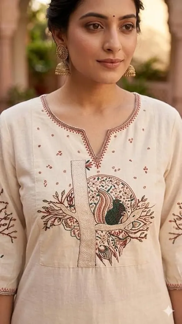 Women_S_Cotton_Straight_Kurta_With_Palazzos_Set_Featuring_Tree_Embroidery_Three_Quarter_Sleeves_Round_Nack_Kurta_Set_For_Women