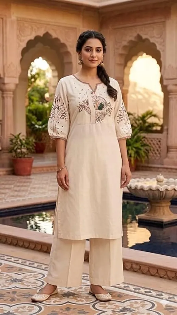 Women_S_Cotton_Straight_Kurta_With_Palazzos_Set_Featuring_Tree_Embroidery_Three_Quarter_Sleeves_Round_Nack_Kurta_Set_For_Women