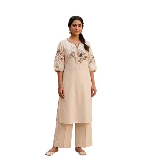 Women_S_Cotton_Straight_Kurta_With_Palazzos_Set_Featuring_Tree_Embroidery_Three_Quarter_Sleeves_Round_Nack_Kurta_Set_For_Women