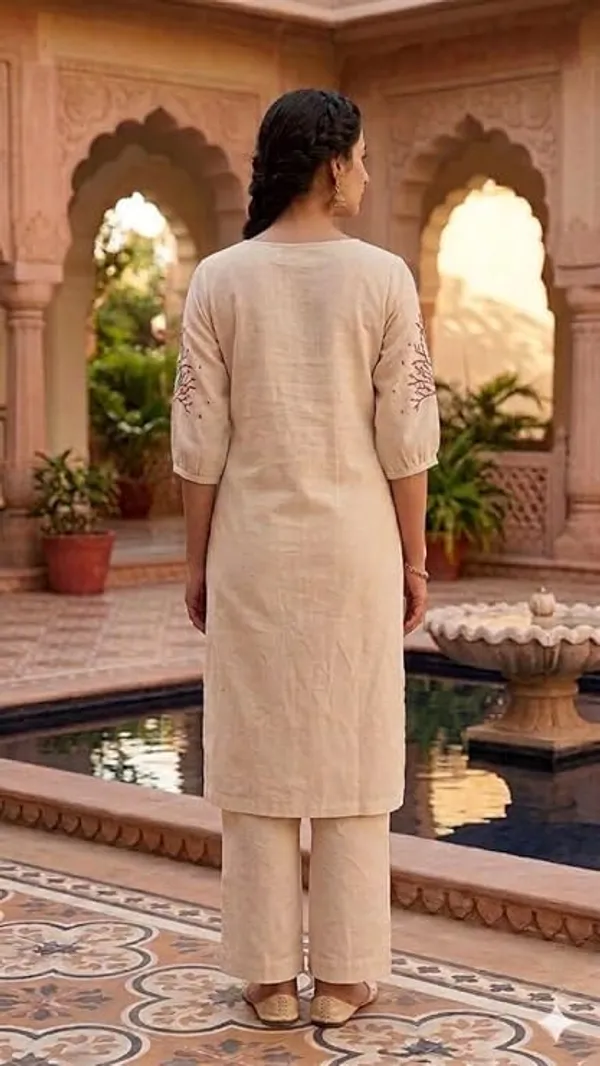 Women_S_Cotton_Straight_Kurta_With_Palazzos_Set_Featuring_Tree_Embroidery_Three_Quarter_Sleeves_Round_Nack_Kurta_Set_For_Women