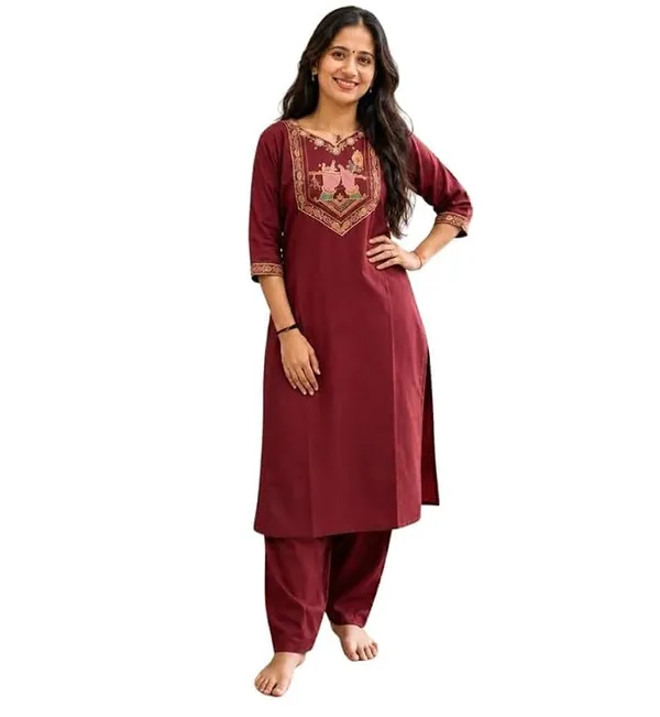 Women_S_Cotton_Straight_Kurta_With_Salwar_Set_Ethnic_Krishna_Motif_Yoke_Embroidery_Square_Neck_Three_Quarter_Sleeves_Stylish_Kurta_Salwar_Set_For_Women
