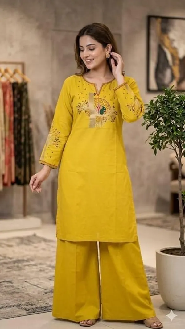 Women_S_Cotton_Straight_Kurta_With_Palazzos_Set_Featuring_Tree_Embroidery_Three_Quarter_Sleeves_Round_Nack_Kurta_Set_For_Women