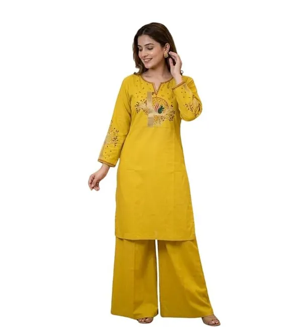 Women_S_Cotton_Straight_Kurta_With_Palazzos_Set_Featuring_Tree_Embroidery_Three_Quarter_Sleeves_Round_Nack_Kurta_Set_For_Women