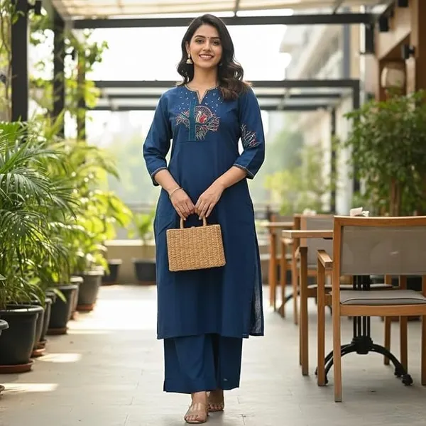 Women_S_Cotton_Straight_Kurta_With_Palazzos_Set_Featuring_Tree_Embroidery_Three_Quarter_Sleeves_Round_Nack_Kurta_Set_For_Women