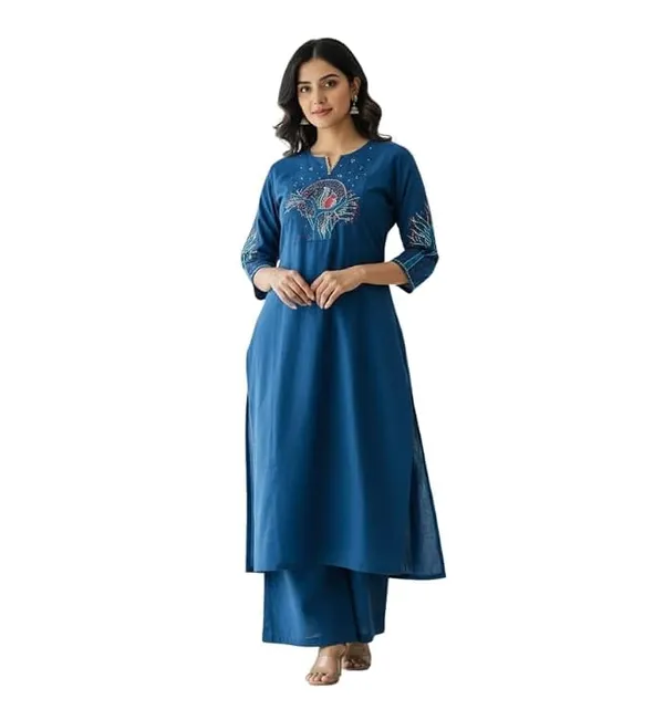 Women_S_Cotton_Straight_Kurta_With_Palazzos_Set_Featuring_Tree_Embroidery_Three_Quarter_Sleeves_Round_Nack_Kurta_Set_For_Women