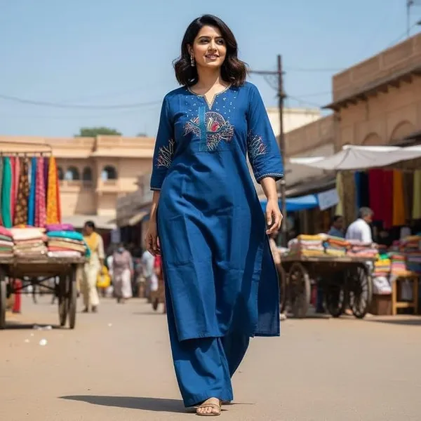 Women_S_Cotton_Straight_Kurta_With_Palazzos_Set_Featuring_Tree_Embroidery_Three_Quarter_Sleeves_Round_Nack_Kurta_Set_For_Women
