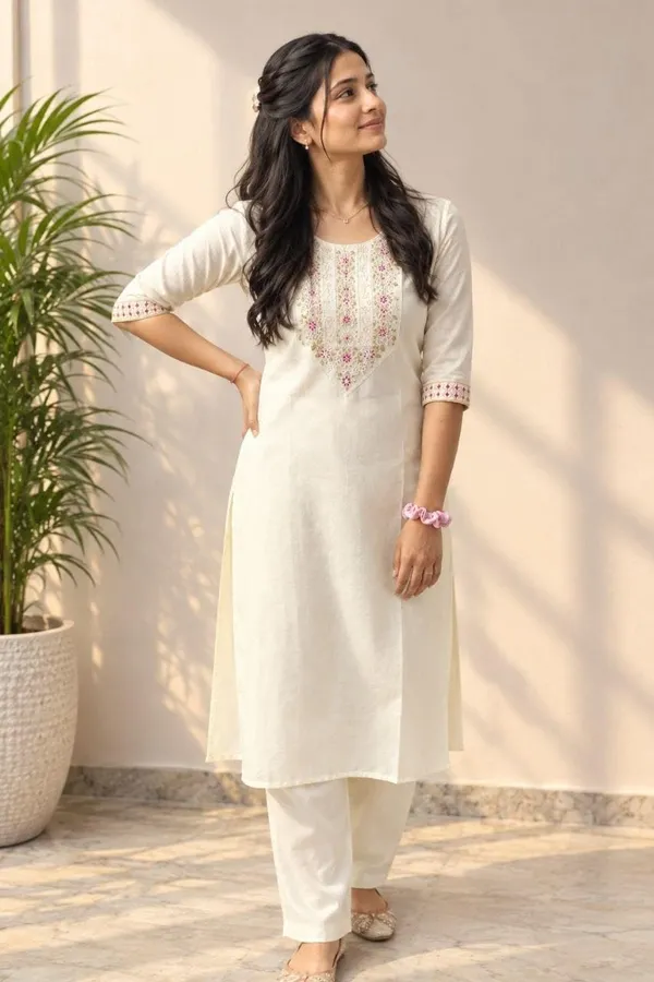 Womens_Cotton_Blend_Febric_Embroidered_Work_3_4_Sleeve_Round_Neck_Kurta_With_Pant_Set_For_Women