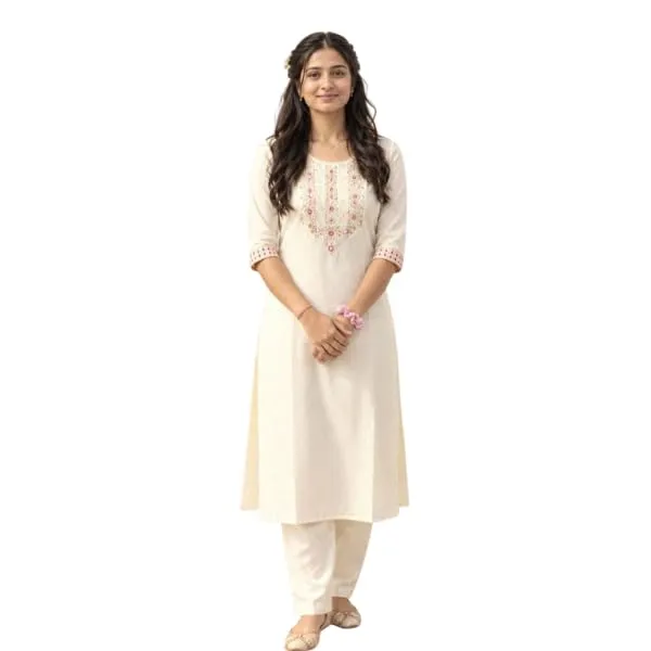 Womens_Cotton_Blend_Febric_Embroidered_Work_3_4_Sleeve_Round_Neck_Kurta_With_Pant_Set_For_Women