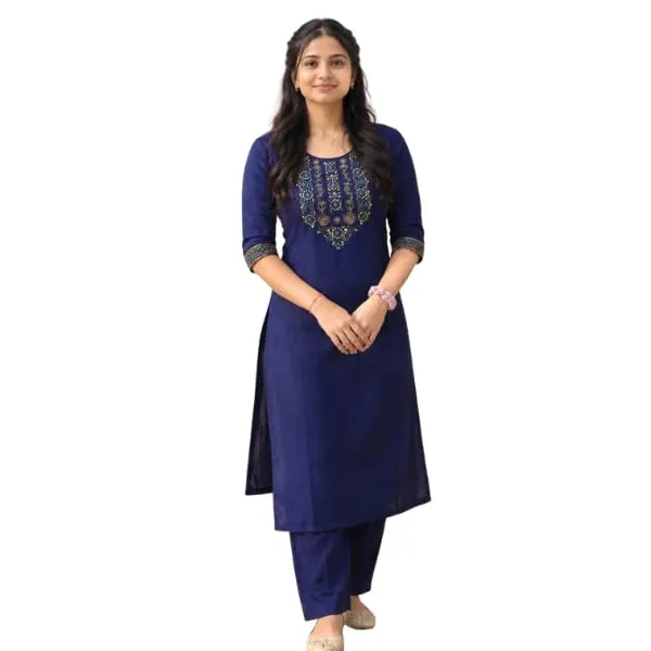 Womens_Cotton_Blend_Febric_Embroidered_Work_3_4_Sleeve_Round_Neck_Kurta_With_Pant_Set_For_Women