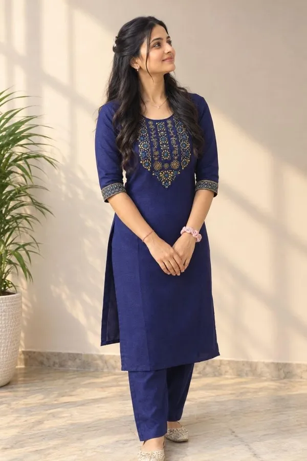 Womens_Cotton_Blend_Febric_Embroidered_Work_3_4_Sleeve_Round_Neck_Kurta_With_Pant_Set_For_Women