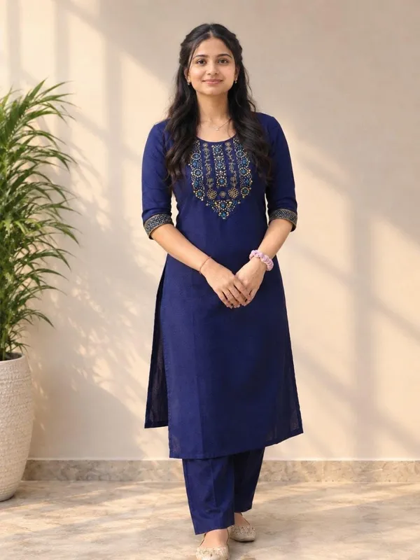 Womens_Cotton_Blend_Febric_Embroidered_Work_3_4_Sleeve_Round_Neck_Kurta_With_Pant_Set_For_Women