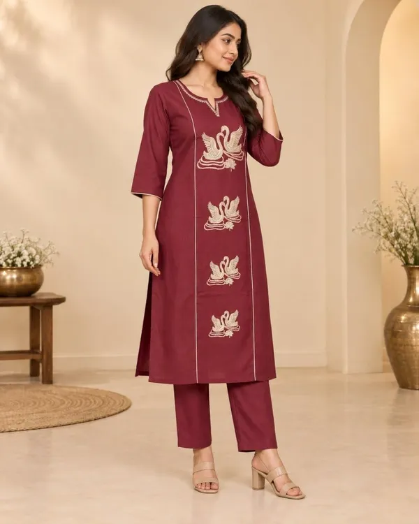 Womens_Cotton_Blend_Febric_Embroidered_Work_3_4_Sleeve_Round_Neck_Kurta_With_Pant_Set_For_Women