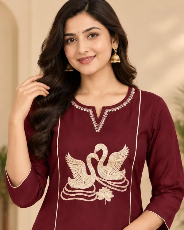 Womens_Cotton_Blend_Febric_Embroidered_Work_3_4_Sleeve_Round_Neck_Kurta_With_Pant_Set_For_Women