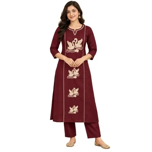 Womens_Cotton_Blend_Febric_Embroidered_Work_3_4_Sleeve_Round_Neck_Kurta_With_Pant_Set_For_Women