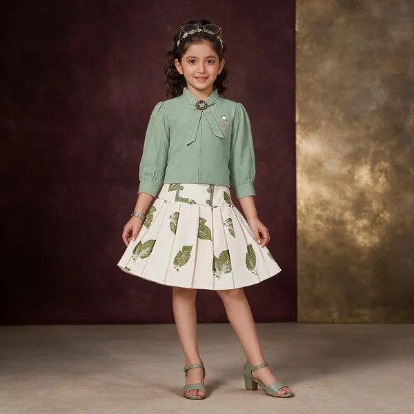 Green_Printed_Flared_Dress_Set_For_Girls