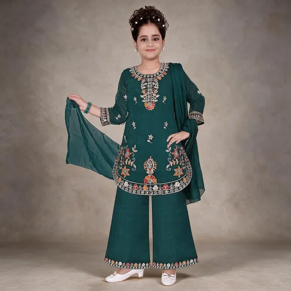 Teal_Embroidered_Kurta_Palazzo_Set_With_Dupatta_For_Girls