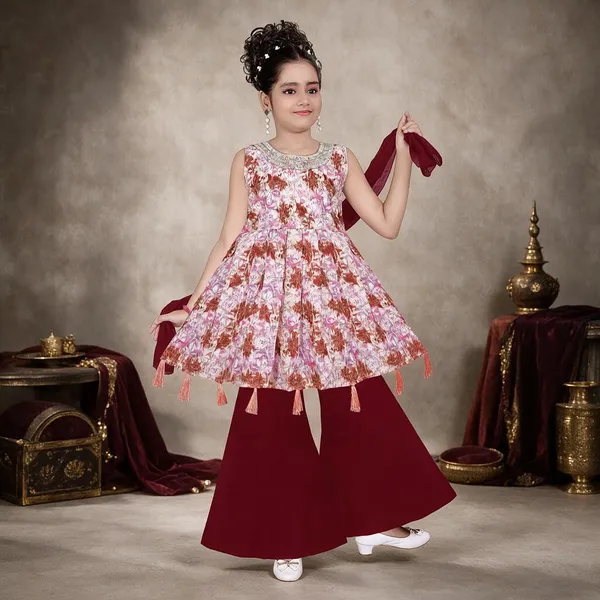 Maroon_Floral_Print_Ethnic_Dress_Set_For_Girls