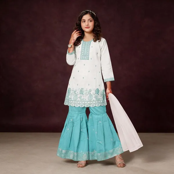 White_Embroidered_Kurta_Sharara_Set_For_Girls