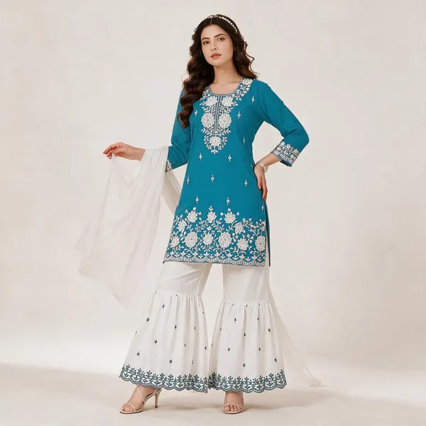 Blue_Embroidered_Kurta_Sharara_Set_For_Women_And_Girls