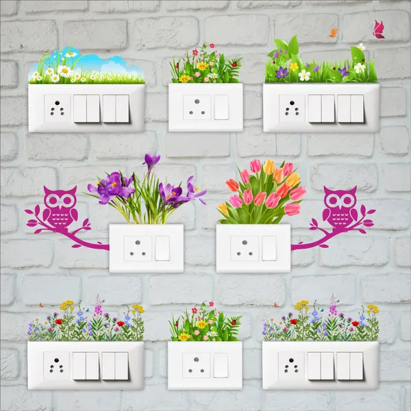SAMANTA_WALA_4_inch_OWL_AND_FLOWER_STICKER_FOR_SWITCH_BOARD_PACK_OF_10_Self_Adhesive_Sticker_(Pack_of_10)