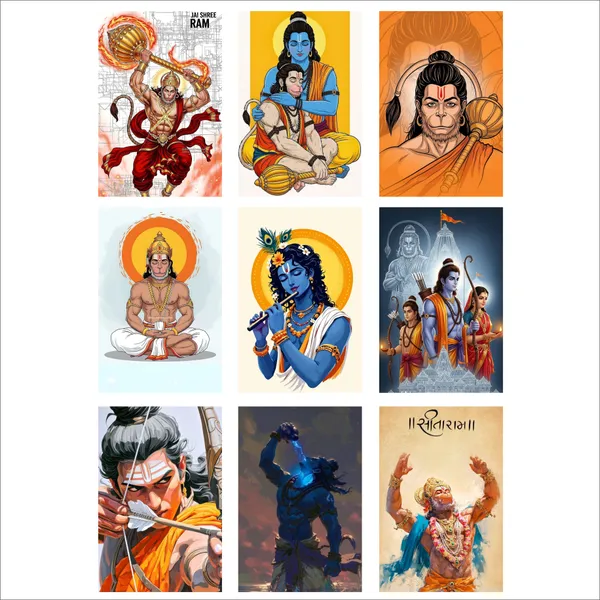 SAMANTA_WALA_6_inch_RAM_&_HANUMAN_POSTER_FOR_WALL,_DOOR_AND_TABLE_PACK_OF_09_Self_Adhesive_Sticker_(Pack_of_9)