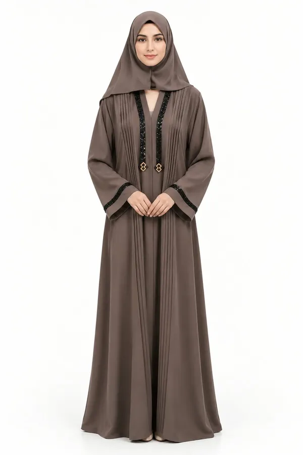 Brown_Tik_Tok_Pleated_Embellished_Abaya_For_Women