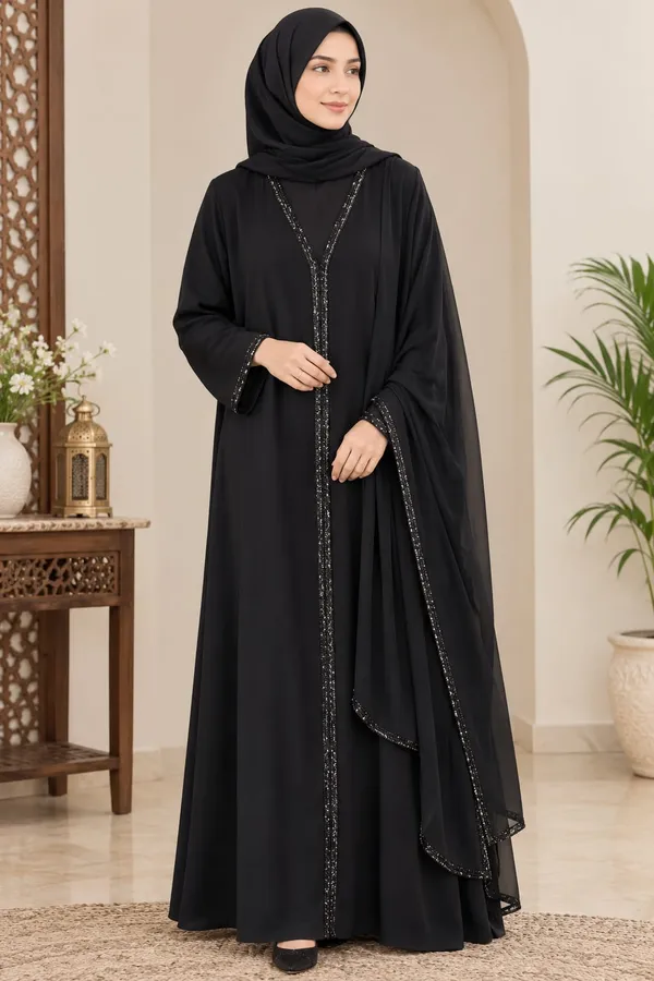 Black_Nida_Flowing_Embellished_Abaya_With_Hijab_For_Women