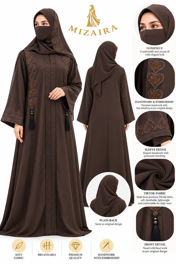 Brown_Nida_Flowing_Embroidered_Abaya_Set_For_Women