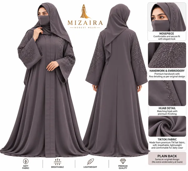 Grey_Nida_Flared_Abaya_Set_With_Hijab_For_Women