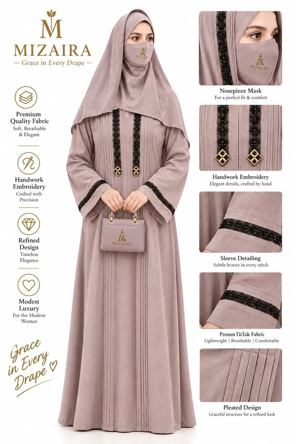 Mauve_Nida_Pleated_Abaya_With_Hijab_And_Mask_For_Women