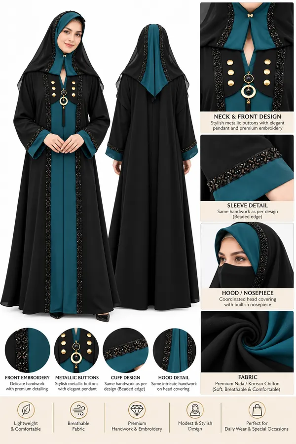 Black_Nida_Teal_Chiffon_Hooded_Embroidered_Abaya_For_Women