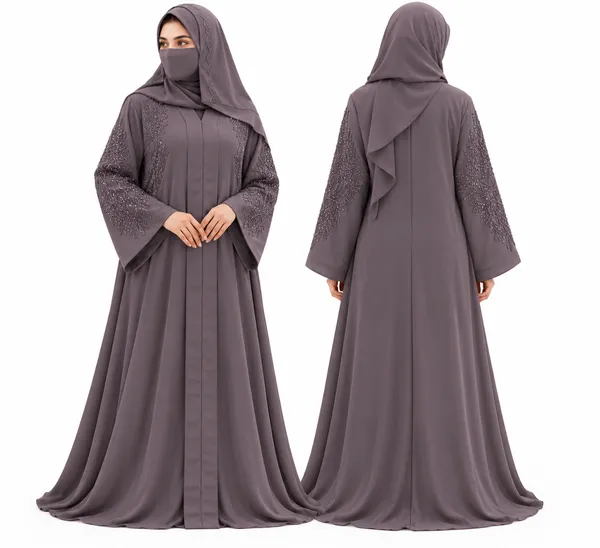 Grey_Nida_Flared_Abaya_Set_With_Hijab_For_Women