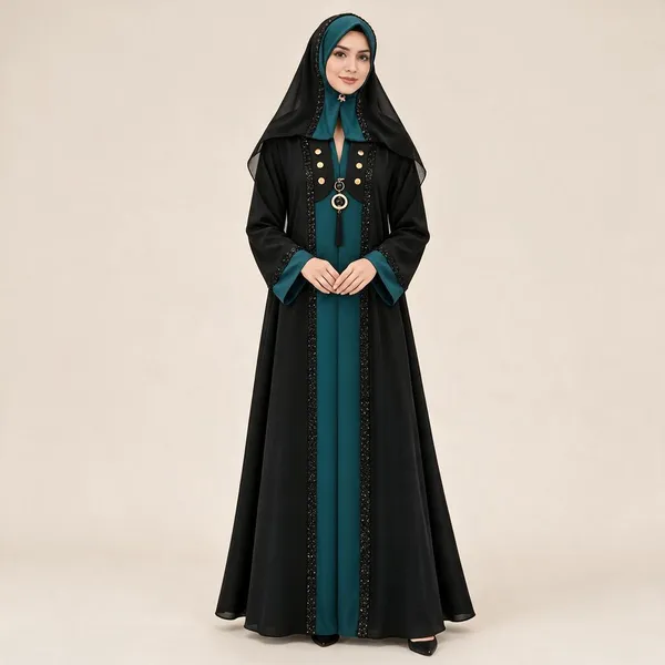 Black_Nida_Teal_Chiffon_Hooded_Embroidered_Abaya_For_Women