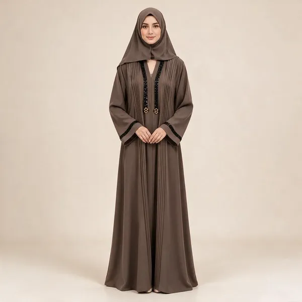 Brown_Tik_Tok_Pleated_Embellished_Abaya_For_Women