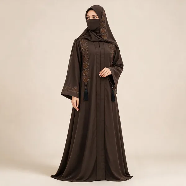 Brown_Nida_Flowing_Embroidered_Abaya_Set_For_Women