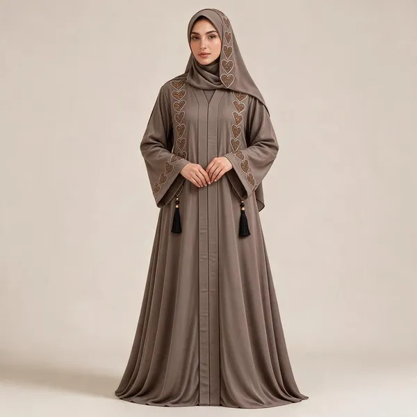 Taupe_Nida_Flared_Embroidered_Abaya_Set_For_Women