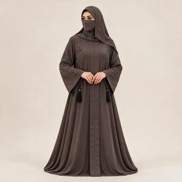 Brown_Nida_Flowing_Hand_Work_Embroidered_Abaya_Set_For_Women