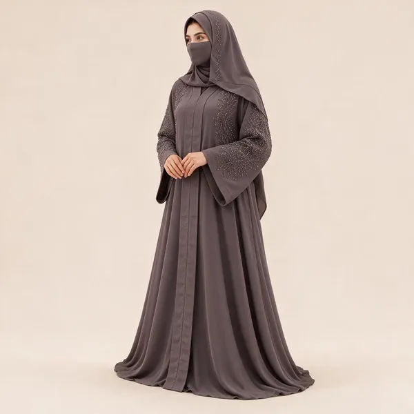 Grey_Nida_Flared_Abaya_Set_With_Hijab_For_Women
