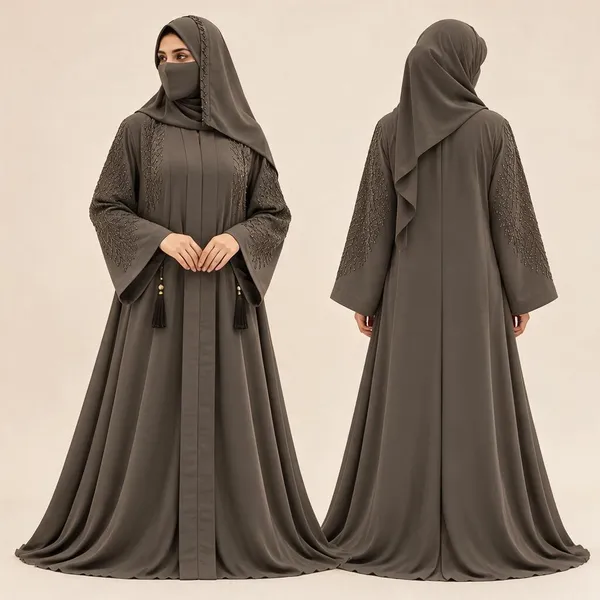 Brown_Nida_Flowing_Embroidered_Abaya_Set_For_Women