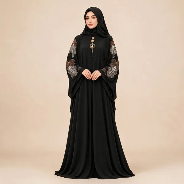 Black_Nida_Flowing_Floral_Embroidered_Abaya_With_Niqab_For_Women