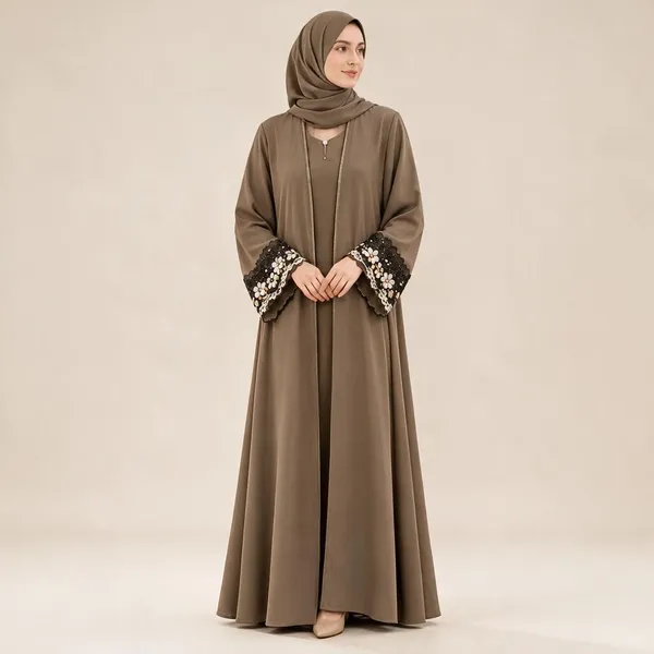 Brown_Nida_Flared_Embroidered_Abaya_For_Women