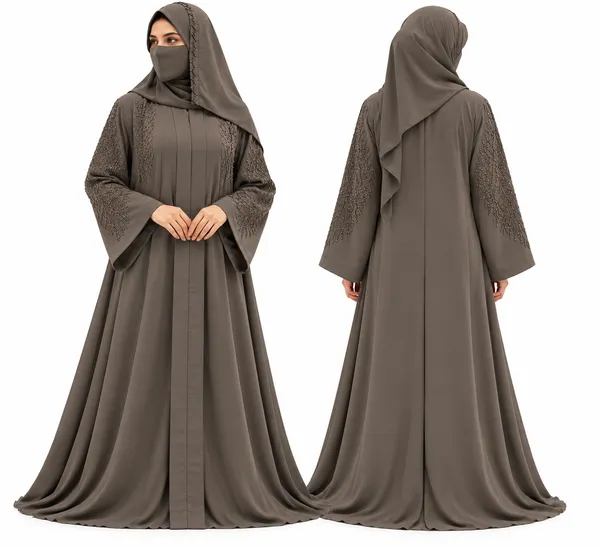 Brown_Nida_Flowing_Embroidered_Abaya_Set_For_Women