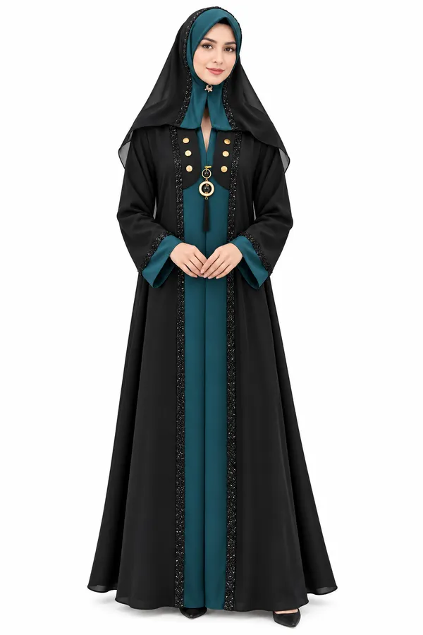 Black_Nida_Teal_Chiffon_Hooded_Embroidered_Abaya_For_Women